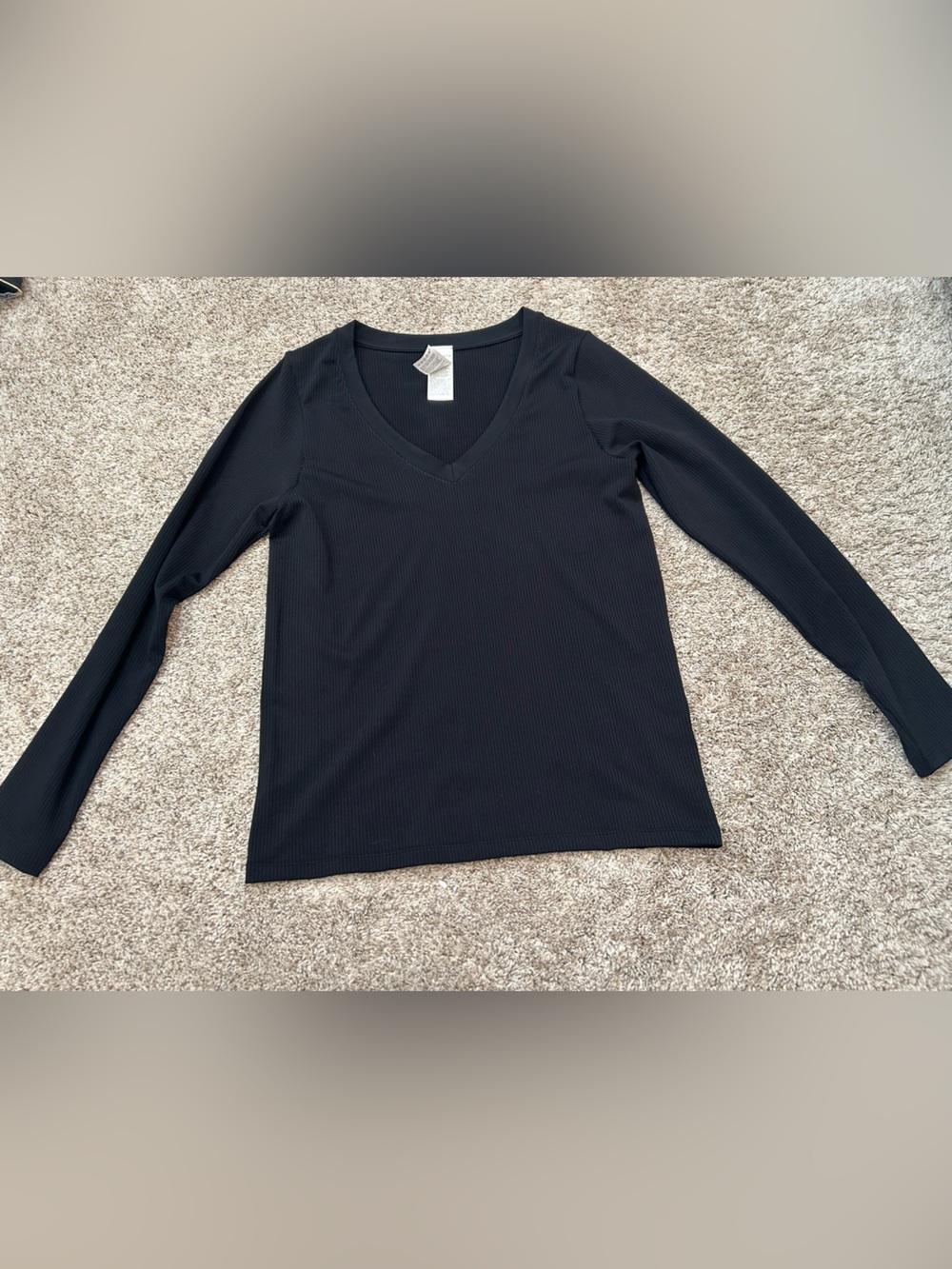 Athleta Black Ribbed V-Neck Long Sleeve Tee
